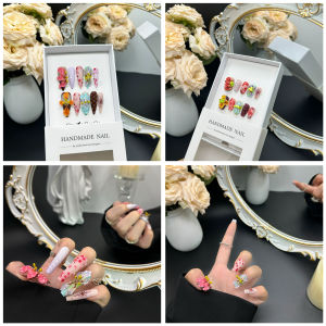 Handmade Floral Gradient Nail Art Pure Handcraft Long And Short Almond Nails 3D Sculpture Wearable False Nails Beauty Tools