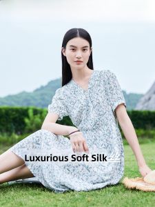 Natural Silk Floral Print Dress Summer New Style F21X4D48L3 Commute Style High Waist Silk 100% H Version Skirt Short Sleeve