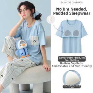 Herbal Initial Color Cotton Sleepwear with Padding Cartoon Sweet Home Outfit 7/8 Pants Set