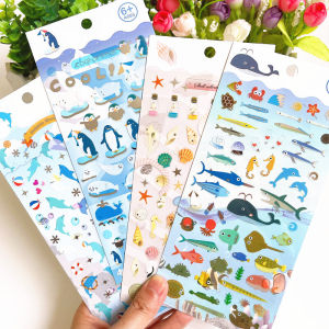 Gold Stamping Ocean Animal Stickers DIY Handmade Flat Design Dolphin Penguin Fish Shell Childrens Craft Stick Figure Decals