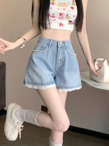Sweet and Spicy Chic Denim Shorts Female Summer High Waist Slimming and Wide Leg A- line plus Size Easiest for Match Small Man Beading Lace