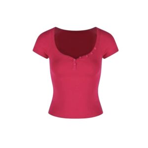 YUEZHONGWEI | Slim Fit Short Sleeve U Neck T Shirt Womens Summer Fashion Casual Pink Color American Style Short Length Top For Young Ladies