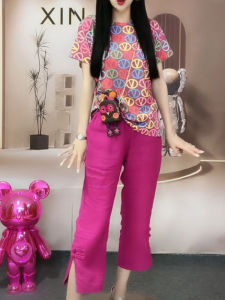 European Goods Fashion Suit Womens 2024 Summer New round Neck Print Tops Rose Red Cropped Pants Western Style Two-Piece Suit