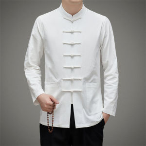 Retro Artistic Mens Cotton Linen Tang Suit Shirt Long Sleeve Button up New Chinese Style Clothing Tourist Scenery Spring Season