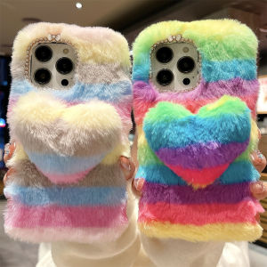 for Samsung S24 S23 S22 S21 S20 S10 S9 Plus Ultra FE Plush Phone Case Cute Soft Furry Love Doll Colorful Rainbow Cover Fluffy Fuzzy Hair Fur Case Women