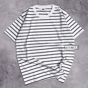 Kaos stripe medium putih garis hitam kaos salur belang polos distro pria dan wanita