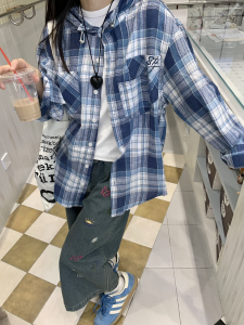 Snipesite Original Korean Ins Loose Versatile Hooded Plaid Brushed Long Sleeve Shirt Coat Men and Women Handsome