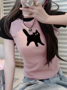 Retro Color Block Slim Fit Short Sleeve T-Shirt Womens Short Style Summer New Korean Version Weight Loss Small Size Top