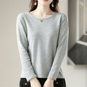 Pure Cotton Knitted Long Sleeve round Neck Sweater Womens Fashion Spring Autumn Winter Solid Color Soft Warm Stretchy Top