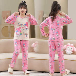 New 2024 Childrens Sleepwear Long Sleeve Thin Home Air Conditioner Suit Set for Girls Cute Cartoon Design Princess Style Polyester Fiber