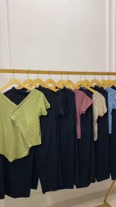 Setelan Celana Panjang V-Neck Sambung Wanita & Pakaian Casual Lengan Pendek