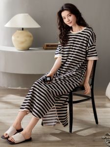MiiOW | Pure Cotton Womens Summer Pajamas Short Sleeve Striped Sleepwear Dressable Home Clothes Youth Casual Comfortable Breathable