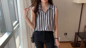 Dahong W218 เชิ้ตซีฟอง เสื้อเบลาส์แขนกุด เสื้อเชิ้ตแขนสั้น คอปก ลายทาง แฟชั่นฤดูร้อน