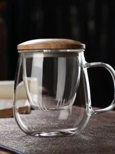 Borosilicate Glass Water Cup Heat-Resistant Lead-Free Scented Tea Cup Office Water Glass with Cover Strain Tea Water Separation Tea Cup