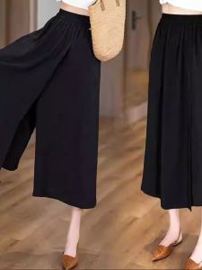 High-Waisted Ice Silk Dress Pants for Women Casual Summer Style Wide-Leg Capri Pants with Pocket Easy Matching Loose Fit