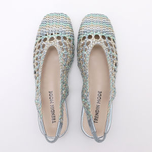 Giày Sandal Nữ Dây Bện Mũi Nhọn Gót Bệt Dây Đeo Co Giãn Thời Trang Gót Thấp Mũi Vuông Chất Liệu PU Đế Cao Su