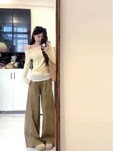 กางเกงยีนส์ขากว้างเอวสูงสำหรับผู้หญิง กางเกงขายาวทรงหลวมสบายๆ ฤดูใบไม้ผลิและฤดูใบไม้ร่วง สีกรมท่า กางเกงขายาวทรงขากว้างสำหรับใส่ไปทำงาน