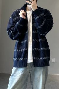Áo Len Dệt Kim Màu Xanh Lam Kẻ Sọc Cổ Đứng Cho Nam Mùa Thu Đông Phong Cách Nhật Bản Đơn Giản Áo Khoác Cardigan Hở Cổ