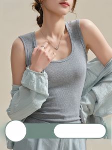 MiiOW | เสื้อกั๊กแขนกุดคอตั้งสีเทาลายทางสำหรับผู้หญิงในฤดูร้อน เสื้อชั้นในแบบสวมใส่ได้สองชั้น ปกปิดหน้าอกข้าง ไหล่กว้าง หลังสวยงาม