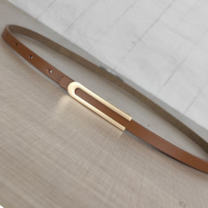 Slim Real Leather Belt for Women Simple Decorative Dress Waistband Color Beige Geometric Pattern Alloy Buckle Youth Adult