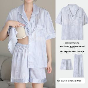 MiiOW | Cat Lady Summer Ice Silk Sleepwear Short Sleeve Thin Casual Home Clothes Three Piece Set For Women Comfortable Breathable Polyester Fiber