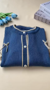 Cardigan Rajut Wanita Motif Pita Vintage dengan Kerah Bulat - Baju Polo Casual