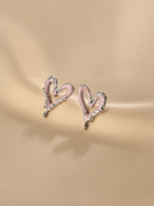 Pink Heart Hollow out Earrings Womens Spring Summer Sweet Girls Heart Ear Jewelry Versatile Simple Korean Style Alloy Ear Studs