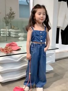 Little Baby New Style Fashion Girls Korean Style Summer Suit Denim Top & Wide Leg Long Pants 2pcs set Kids Children Jeans Material Sling Sleeveless Tube Shopping Pretty Elastic Waist Pants Party Theme Button Korean Girl Fashion Summer Holiday Clothes