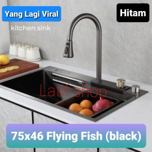 Kitchen sink Viral 75x46 flying fish black bak cuci piring 1 lubang hitam paket kran pans dingin modern