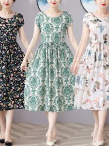 ชุดเดรสยาวผ้าไหมคอตตอนหลวมๆ สไตล์โบฮีเมียนสำหรับผู้หญิงในฤดูร้อน ชุดทำงานลำลอง แขนสั้น กระโปรงทรงเอ คอตตอนผสมโพลีเอสเตอร์