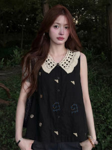 CHOEFULYN | Lace Doll Collar Embroidered Sleeveless Blouse