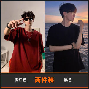 เสื้อยืดคอกลมแขนสั้นทรงหลวมสไตล์อเมริกัน สีแดงไวน์ ผ้าฝ้ายแท้ ทรงเข้ารูป แขนสั้น ทรงเข้ารูป สำหรับผู้ชาย เสื้อยืดคอกลม