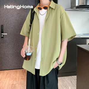 HetingHOME | Hetinghome Summer Trendy Couple Loose Mens Short Sleeve Shirt Half Sleeve American Style Artistic Style Pure Color Polyester Fiber
