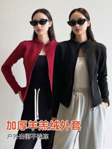 Lamb Velvet Thickened Short Jacket Womens 2025 New Autumn Winter Fleece Lined Small Size Warm Yoga Wear Stand Collar Top