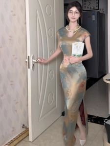 CHANGTONG | New Chinese Style Printed Slim Fit Split Tailor Made Cheongsam Fashionable Summer Dress Short Sleeve Stand Collar Midi Skirt