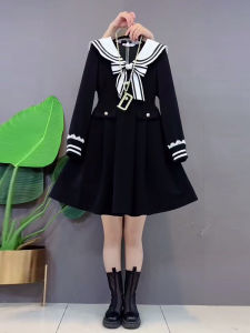 Naval Collar Waist-Cinching Dress French Design Sensation Ladylike Style Age-defying Midi-Length plus Size Womens Skirts