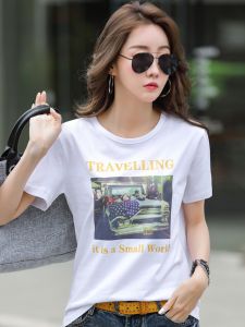 เสื้อยืดคอกลมแขนสั้นผ้าฝ้ายแท้สำหรับผู้หญิง ทรงหลวม สไตล์เกาหลี แฟชั่นฤดูร้อน เสื้อยืดคอกลมพิมพ์ลาย เสื้อผ้าทำงาน