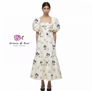 P010-077 PIMNADACLOSET - Short Puff Sleeve Cotton Print Long Dress