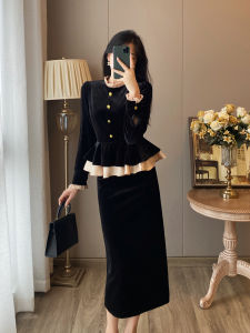 French Vintage Two-Piece Set Womens Autumn Winter New Style Hepburn Black Velvet Dress Elegantly Long Skirt High Waist A-Line