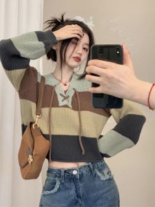 เสื้อสเวตเตอร์ถักคอวีแขนยาวหลวมๆ ทรงสั้น สำหรับผู้หญิง ฤดูใบไม้ร่วง/ฤดูหนาว เสื้อคลุมกันหนาวสไตล์ใหม่