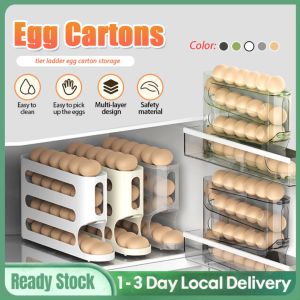 Automatic Scrolling Egg Holder Rack Container Plastic Roll Off Egg Rolling Storage Dispenser Refrigerator Egg Storage Organizer Box Large Capacity Practical Space Saving Homeuse 4 Tier about 30 Grids