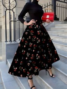 Printed Design Four Seasons Flower Pattern Black Fabric Holiday Style Half Skirt
