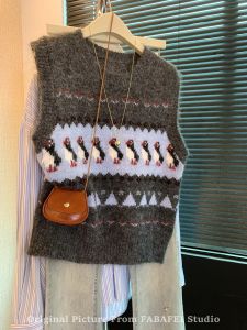 Gray Knitted Cashmere Vest Fair Isle Sweater Womens Autumn Layering High-End Feel Shoulder Horseback Riding Top