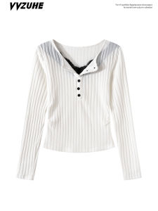 Áo Thun Dài Tay Cổ Chữ V Ren Phong Cách Hàn Quốc Cho Nữ Mùa Thu Áo Len Dệt Kim Ôm Vừa Vặn Áo Khoác Ngoài Thanh Lịch Áo Thun Tay Dài