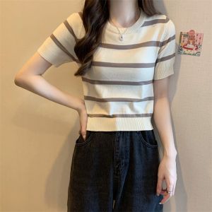 🎀 SIS Women T-shirt Korean Style Striped Round Neck Short Sleeved Knitted Top Blouses Women New Style 2024