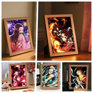 Anime Demon Slayer Action Figures Light Painting Photo Frame Tanjirou Nezuko Led Night Light Figurine Kimetsu No Yaiba Gifts