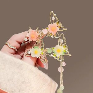 Exquisite chinese antique flower butterfly hairpin women spring and summer bangs clip side hairpin fairy tassel hair accessories