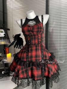 ชุดเดรสสายเดี่ยวคอตองสีแดงดำสไตล์โกรธิกปังสไตล์ยูนิวรัล เดรสฤดูร้อนสีพื้นเอวสูงแบบลำลองสำหรับงานวันเกิด