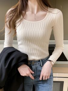 Slim Fit Knitted Base Shirt Womens Spring Autumn Low Neck Long Sleeve Overhead Sweater Fashionable Inner Wear Commute Style