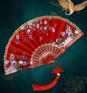Red Silk Brocade Fan with Gold Rim for Women 7 Inch Retro Dance Square Dancing Props Chinese Opera Fans Folding Fans